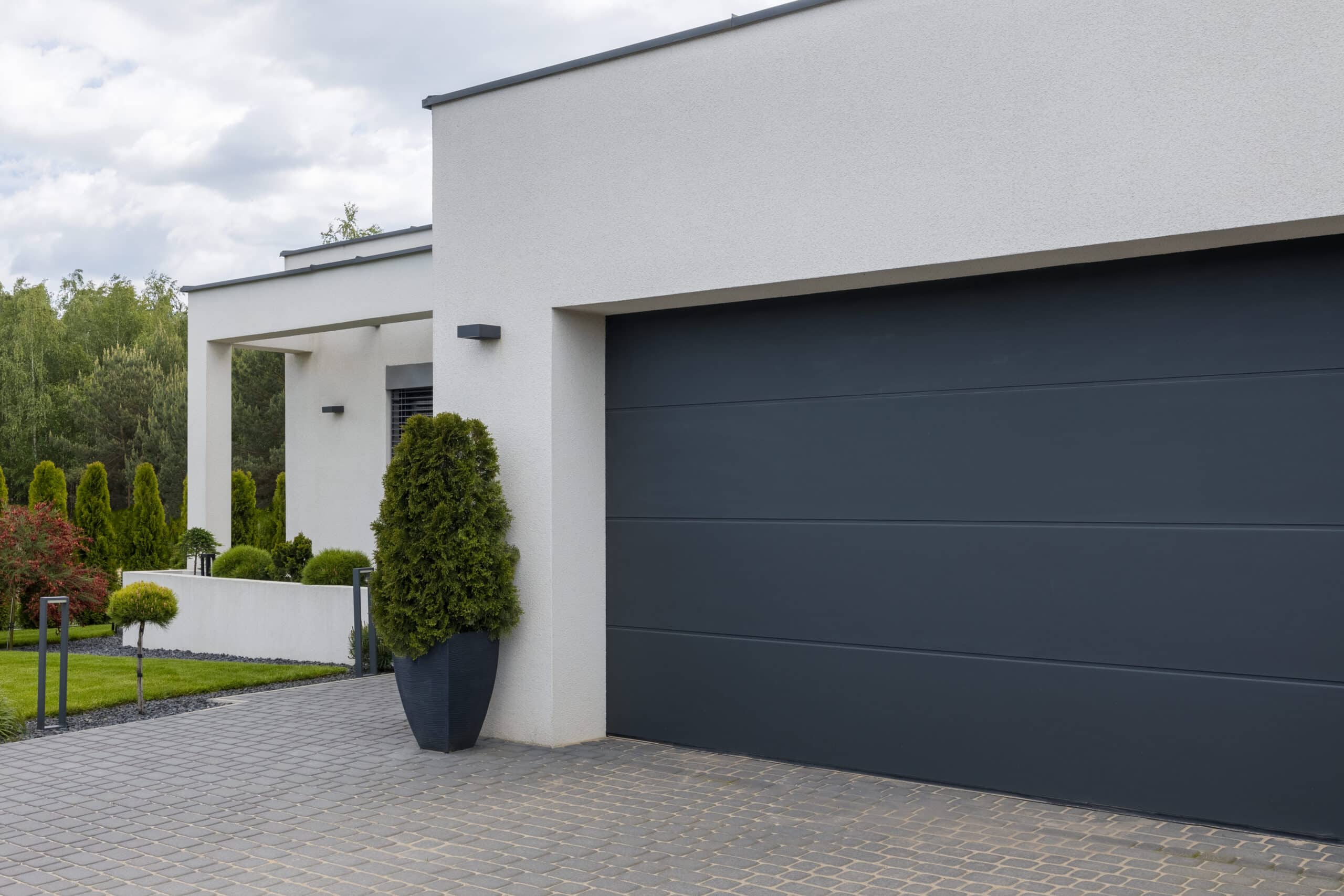 View of the garage door in an elegant suburban home