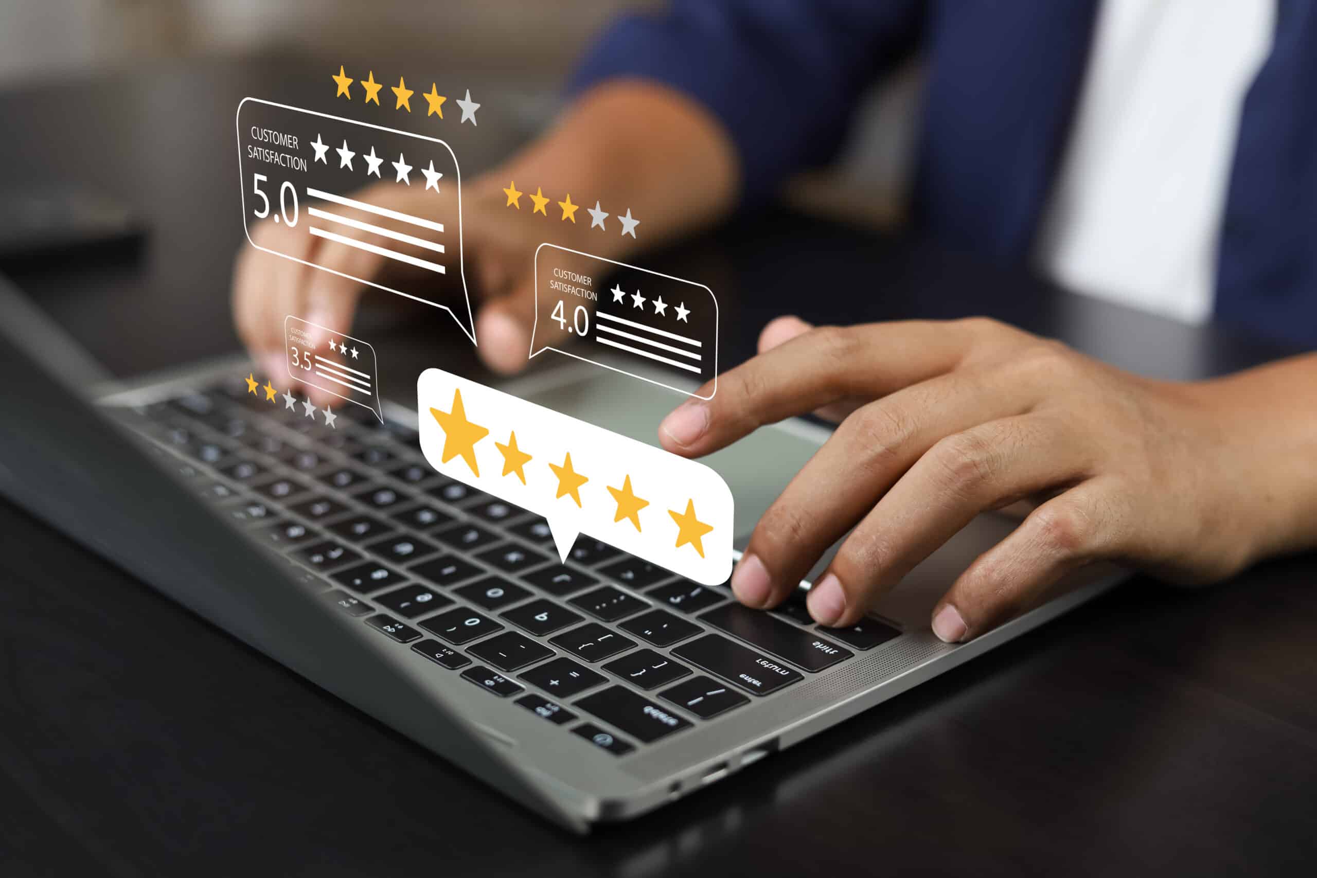 Online customer satisfaction Survey service concept, client rate service from experience in application,Consumer give five Stars and feedback review for quality, Business reputation ranking from buyer