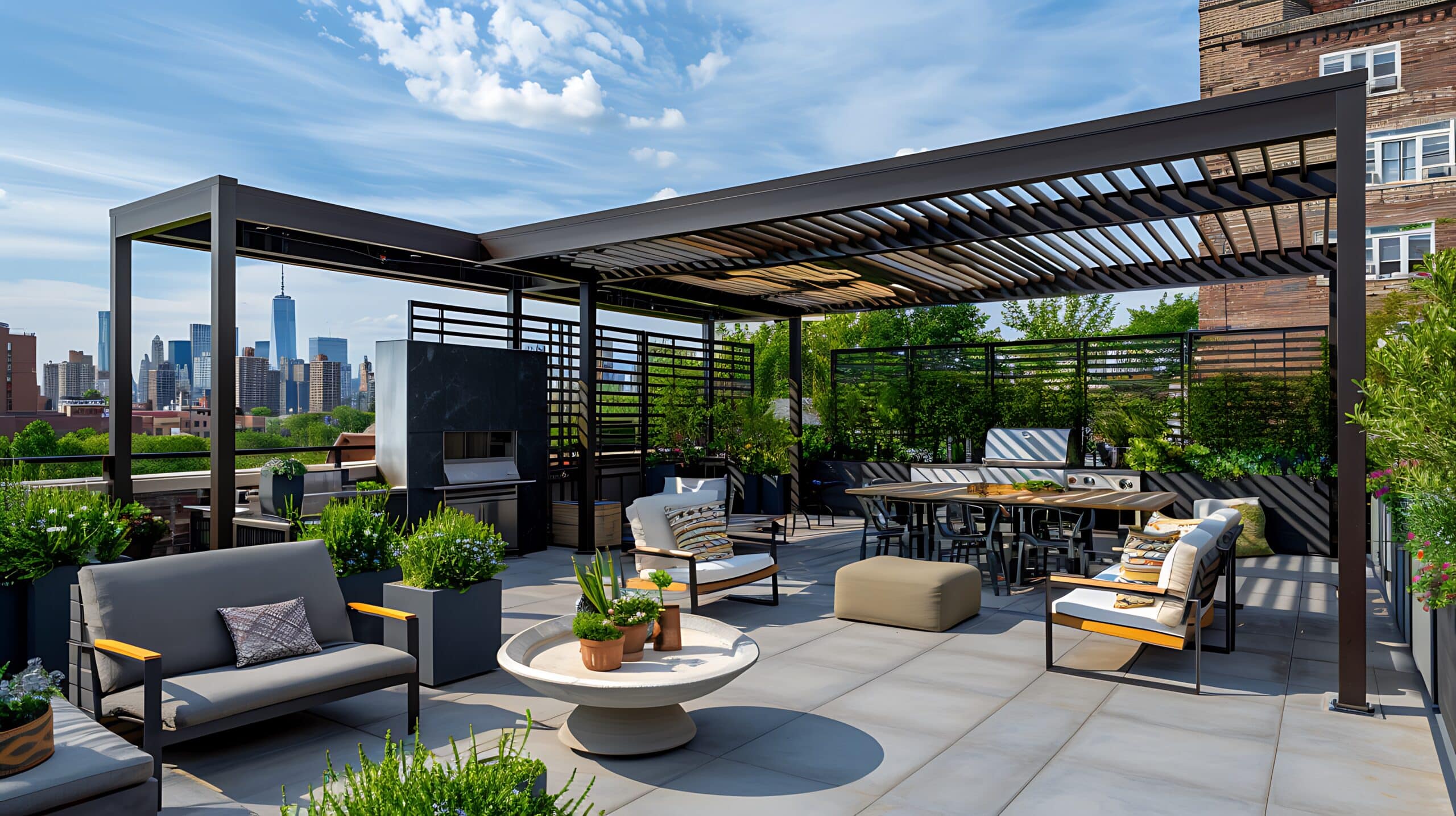 Rooftop terrace with custom designed metal pergolas that provide shade and a modern aesthetic, enhancing outdoor living spaces in urban environments