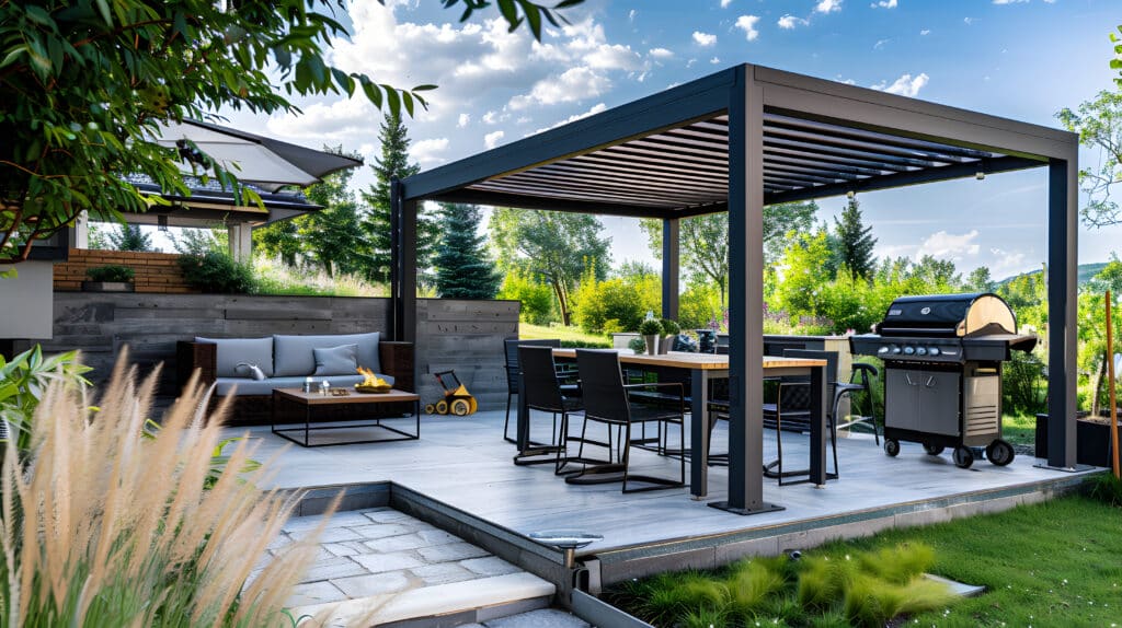 Sleek outdoor setup with pergola awning dining table metal grill and modern patio furniture. Concept Outdoor Dining, Pergola Awning, Metal Grill, Modern Patio Furniture, Sleek Setup