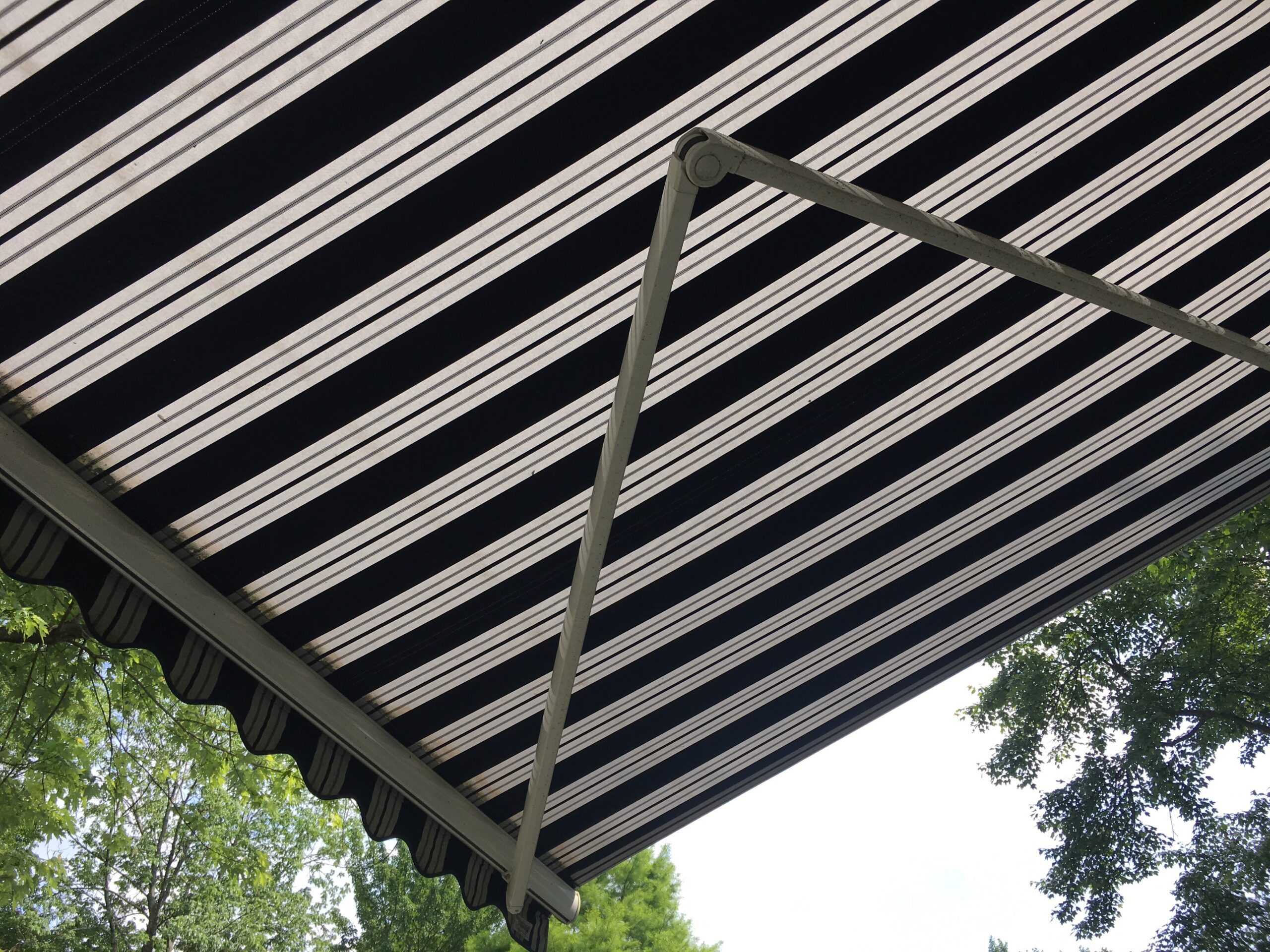Blue and white striped folding umbrella above pat 2026 03 17 14 49 10 utc