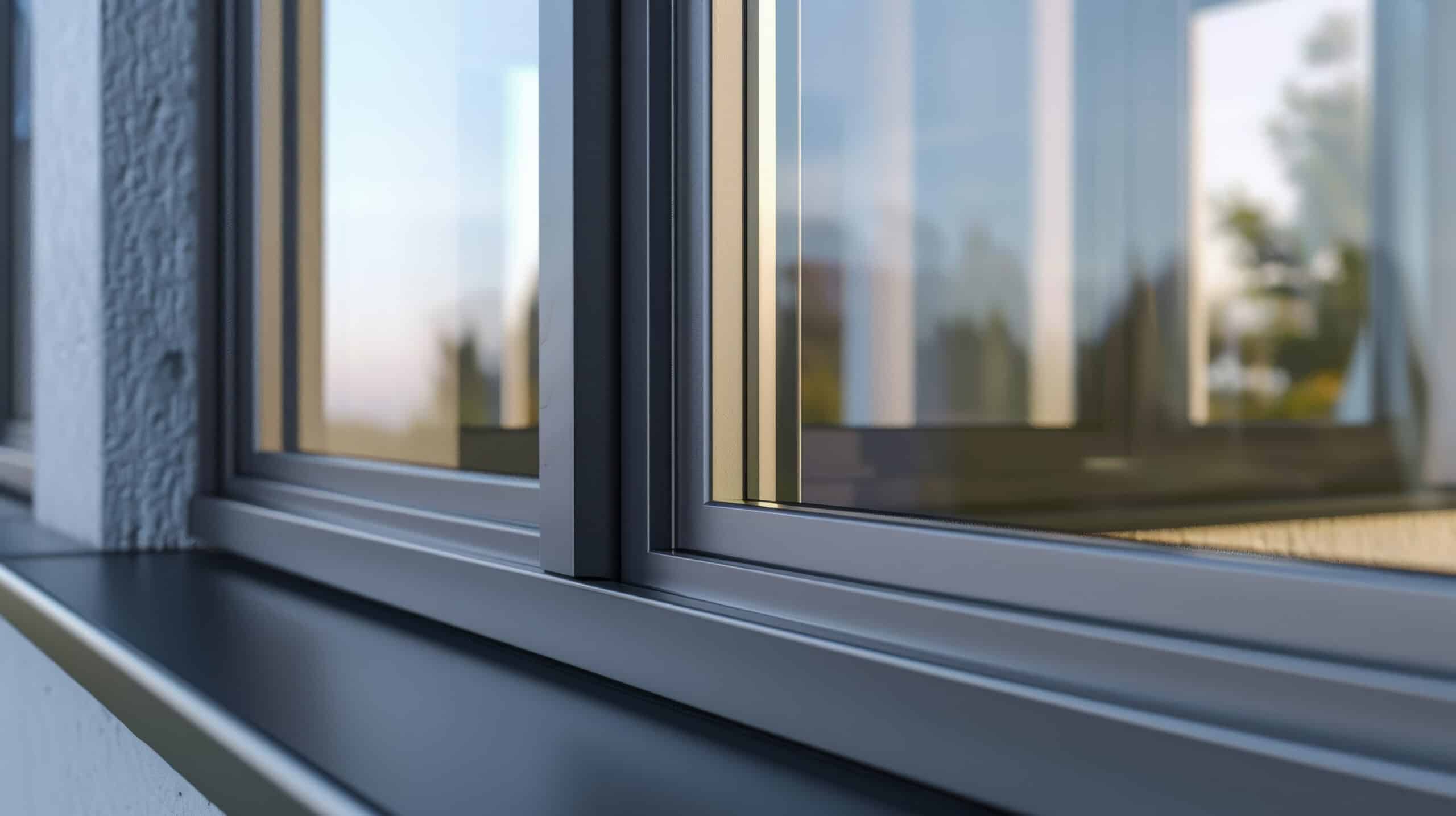 Close up of modern glass windows with metal frames