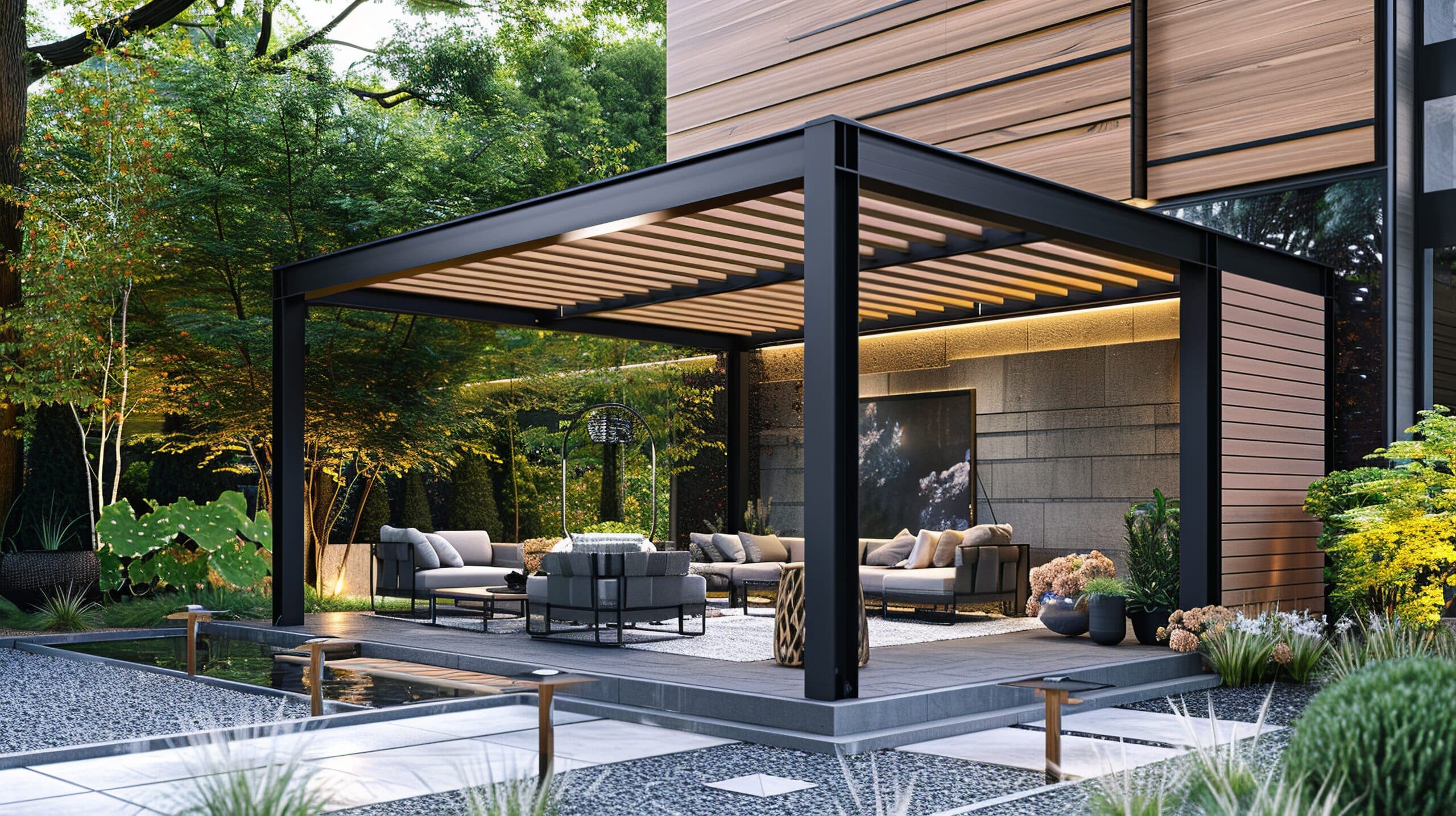 Living room with black roof lot trees around it