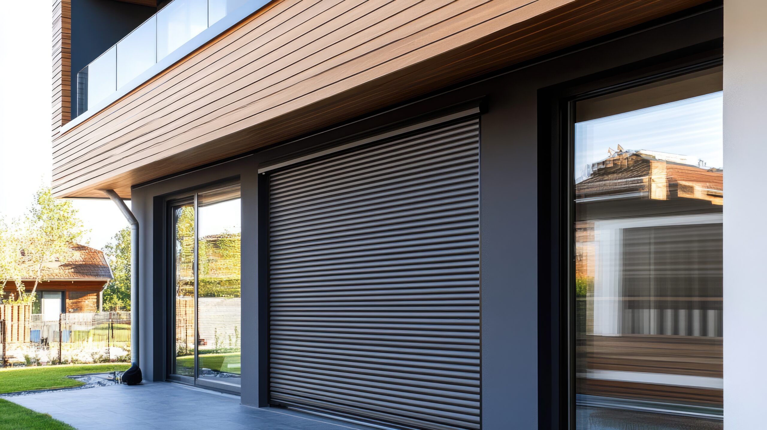 Modern home exterior with a large black roller shutter window